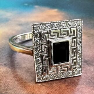Art Deco Style Onyx and Diamond Ring - 9ct White Gold
