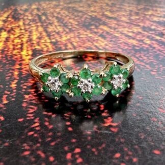 Emerald and Diamond Triple Flower Ring - 9ct Gold