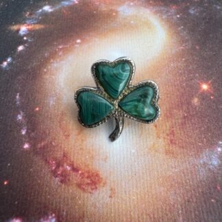 Antique Malachite Lucky Clover Brooch - Sterling Silver