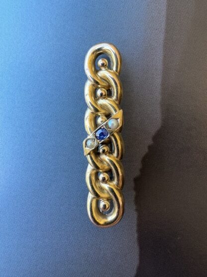 Suffragette Chain Brooch With Sapphire and Seed Pearls - 15ct Gold