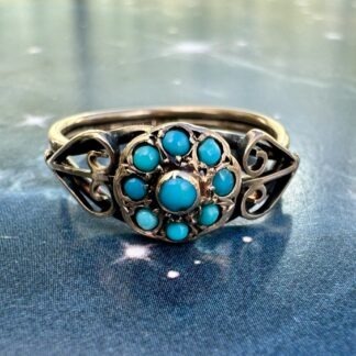 Victorian Turquoise Flower Ring with Love Heart Shoulders - 9ct Gold