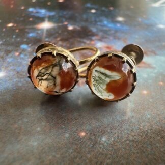 Victorian Moss Agate Cabochon Earrings - Screw Back - 9ct Gold