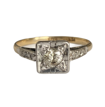 Art Deco Diamond Solitaire Ring in Square Setting 18ct Gold and Platinum