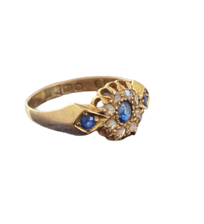 Edwardian Sapphire and Diamond Cluster Ring 18ct Gold