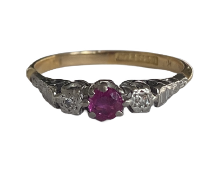 Antique ruby and diamond trilogy ring 18ct gold and platinum