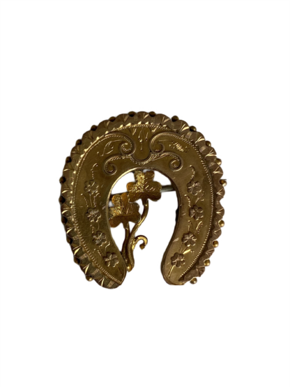 Antique Lucky Horseshoe and Clover Brooch - 9ct Gold