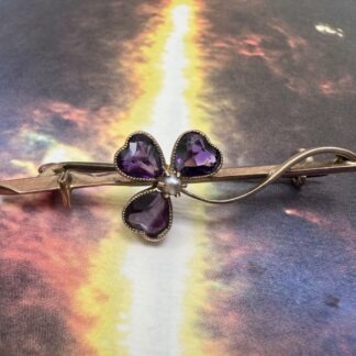 Art Nouveau Amethyst and Split Pearl Shamrock Bar Brooch - 9ct Gold