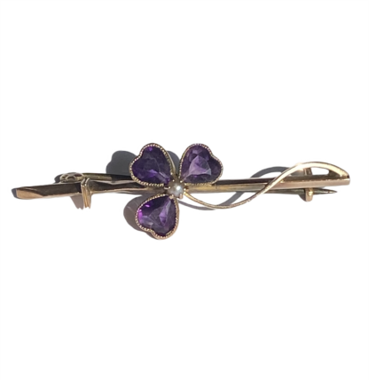 Art Nouveau Amethyst and Split Pearl Shamrock Bar Brooch - 9ct Gold