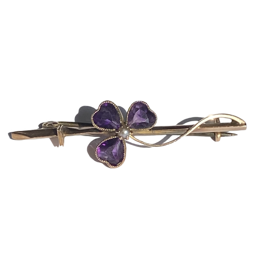 Art Nouveau Amethyst and Split Pearl Shamrock Bar Brooch - 9ct Gold ...