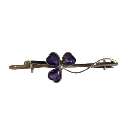 Art Nouveau Amethyst and Split Pearl Shamrock Bar Brooch - 9ct Gold