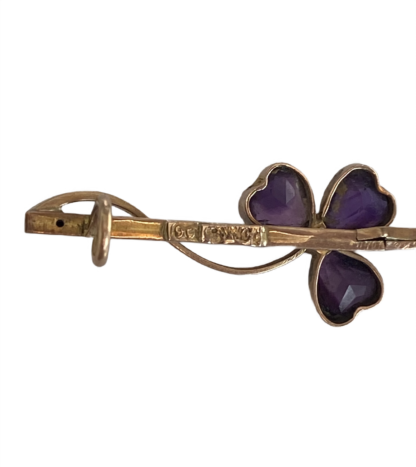 Art Nouveau Amethyst and Split Pearl Shamrock Bar Brooch - 9ct Gold