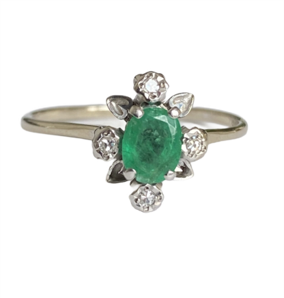 Emerald and Diamond Flower Ring - 18ct White Gold