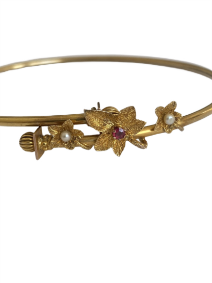 : Victorian Bangle With Ruby and Pearls Accentuating Ivy Motif - 15ct Gold