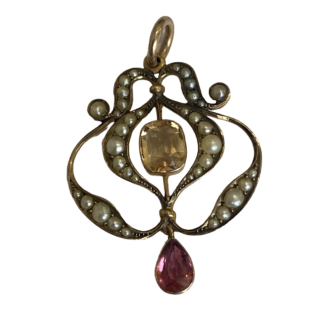 Art Nouveau Citrine, Tourmaline and Seed Pearl Pendant