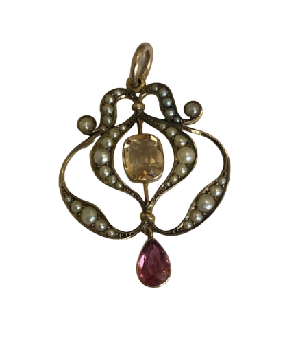 Art Nouveau Citrine, Tourmaline and Seed Pearl Pendant