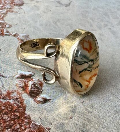 Art Nouveau Moss Agate Ring - 9ct Gold