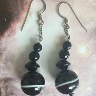 Victorian Banded Agate Drop Earrings - Silver