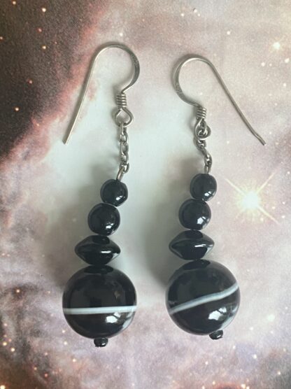 Victorian Banded Agate Drop Earrings - Silver