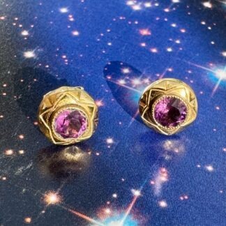 Antique Amethyst Star Design Earrings - Pierced Screw Backs 15ct Gold
