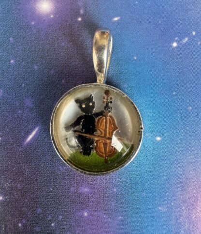 The Cat and The Fiddle - Reverse Painted Intaglio Pendant - Sterling Silver