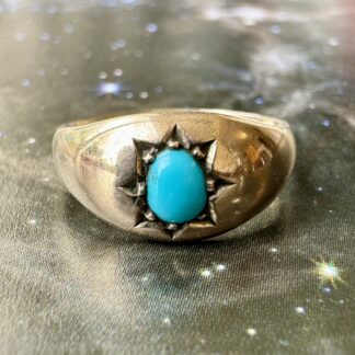 Antique Turquoise Solitaire Gypsy Ring - 9ct Gold