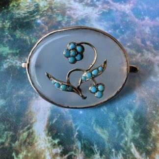 Victorian Forget-me-Not Mourning Brooch - Turquoise and Chalcedony - 9ct Gold